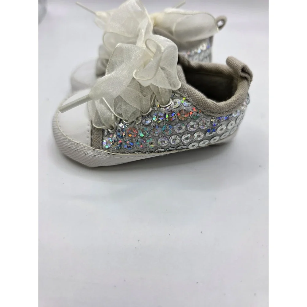 Stepping Stones Girls Silver White Sequins Shoes Ribbon Laces 3-6 Mon